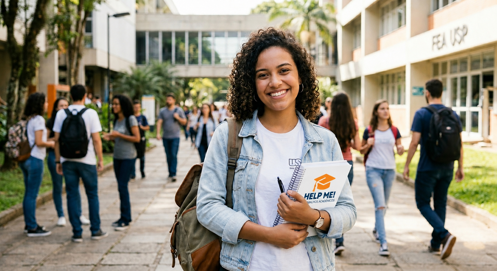 Estudante sorrindo no campus universitário segurando material da HELP ME!